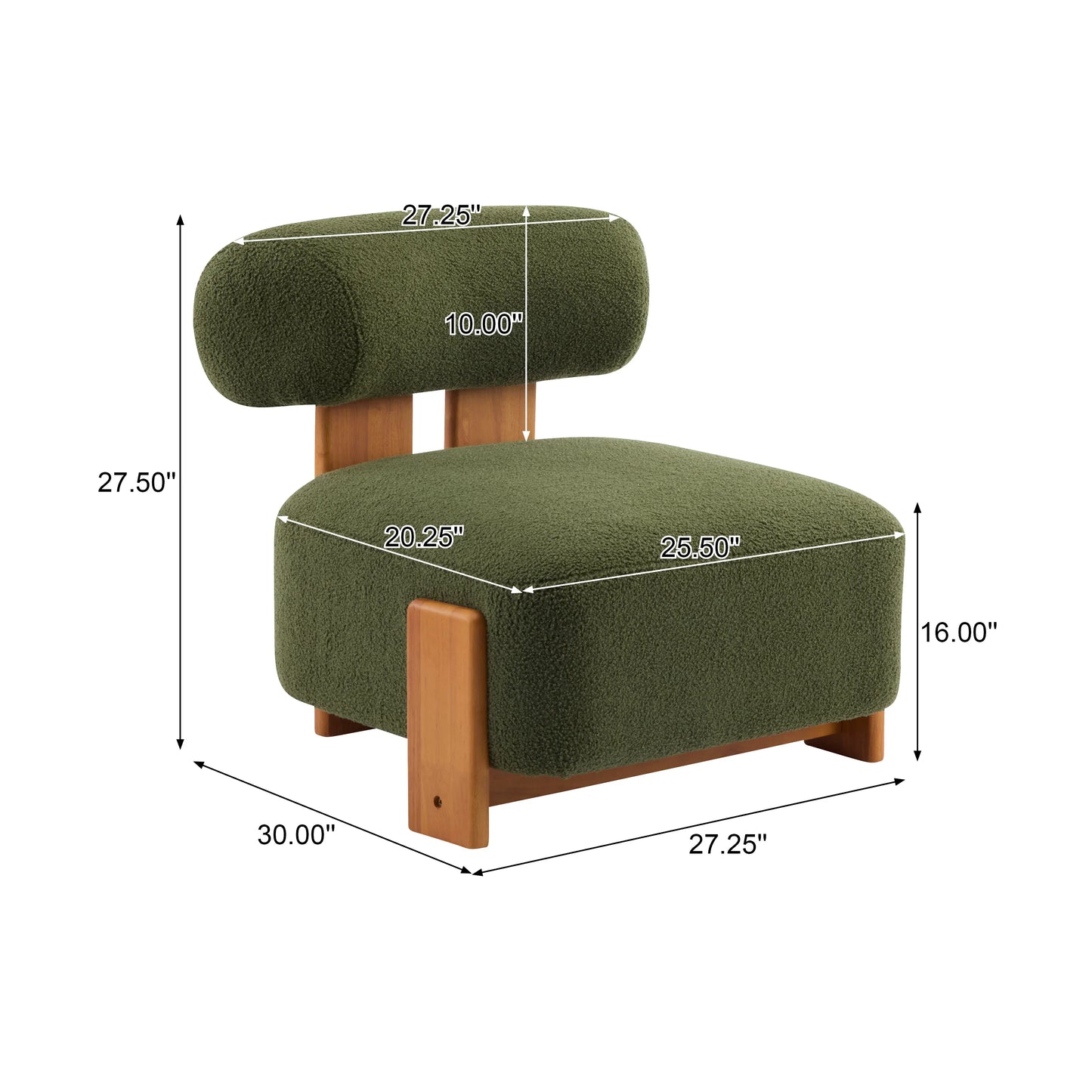 Modern olive green upholstered lounge chair with wooden legs and backrest, detailed measurements