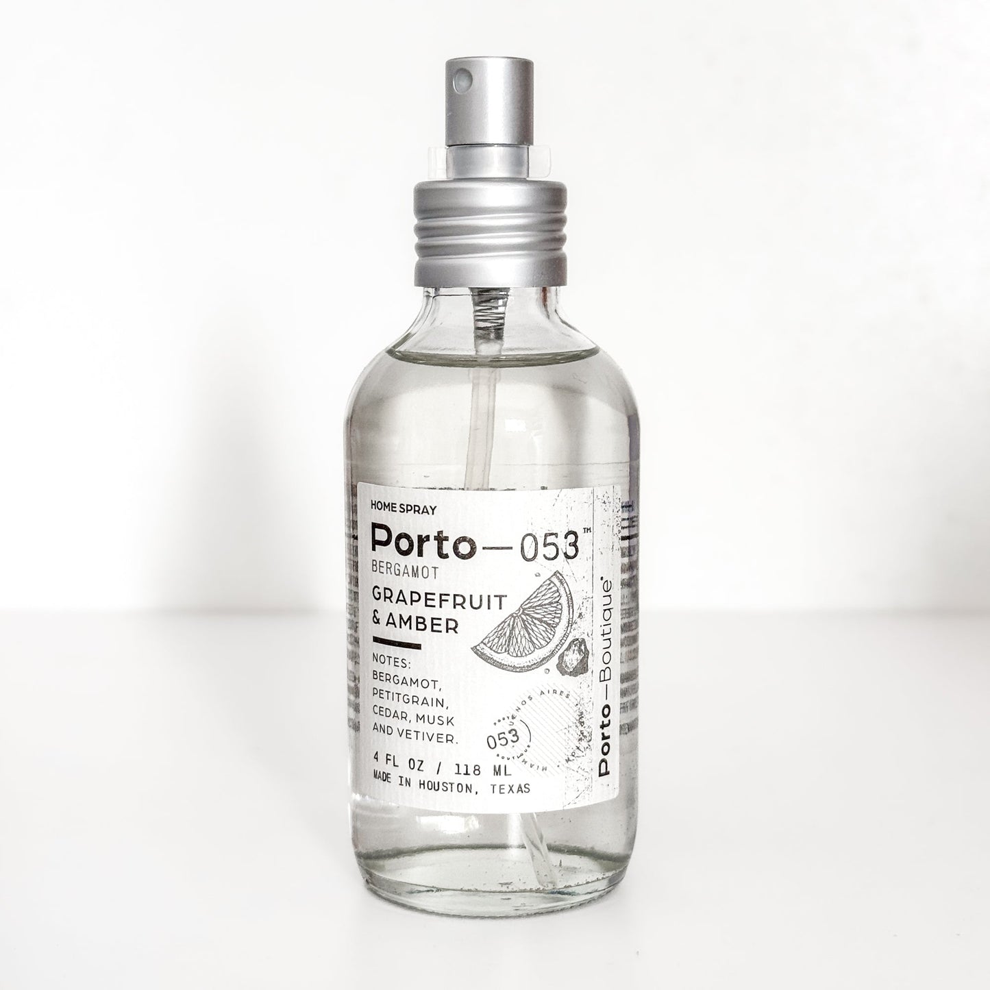 Porto-053 Room Spray – Linen & Fabric Freshener – High Fragrance Concentration – Non-Toxic, Vegan & Handmade in USA – 4 oz Clear Glass Bottle