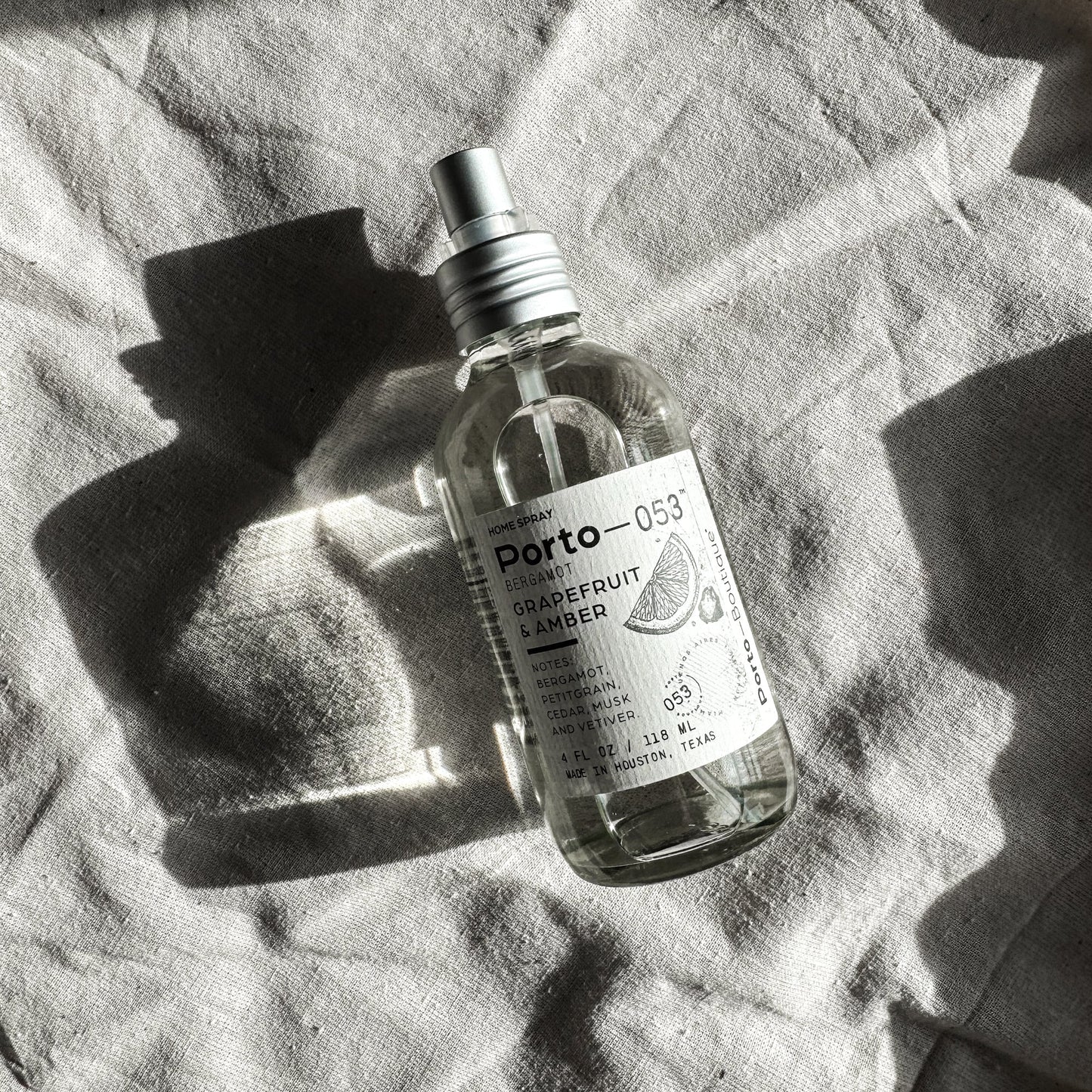 Porto-053 Room Spray – Linen & Fabric Freshener – High Fragrance Concentration – Non-Toxic, Vegan & Handmade in USA – 4 oz Clear Glass Bottle