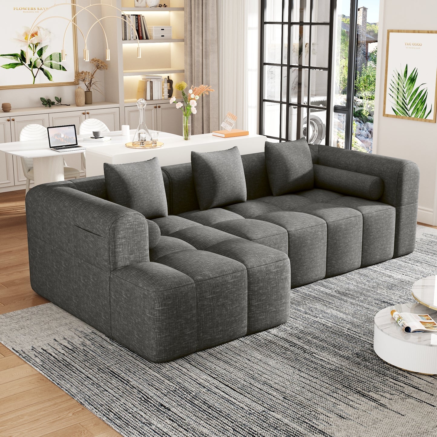 Modern Grey Modular Sectional Sofa with Deep Seating and Side Pockets in Chenille Fabric - Fluent Trends