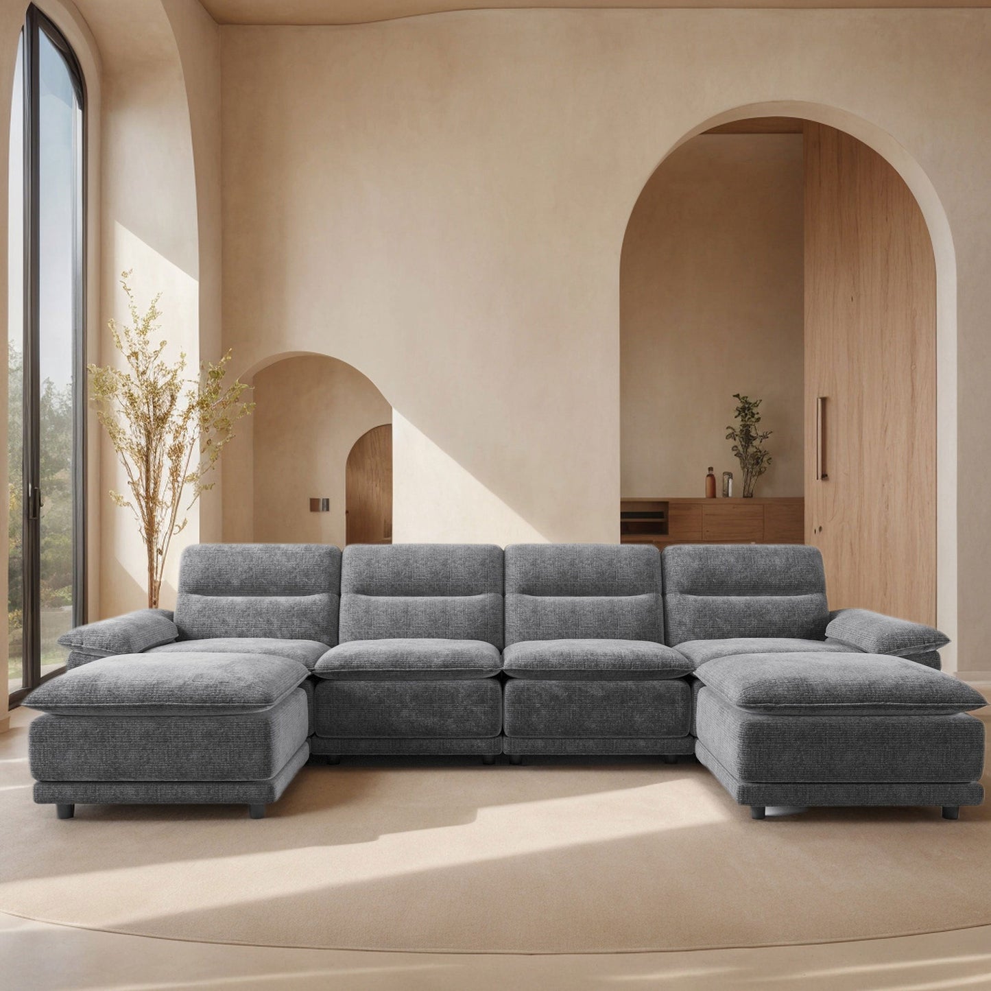 141'' Wide Modern U-shaped Sectional Sofa with high back cushion,6-seat Upholstered Dark Grey Streamdale Furniture