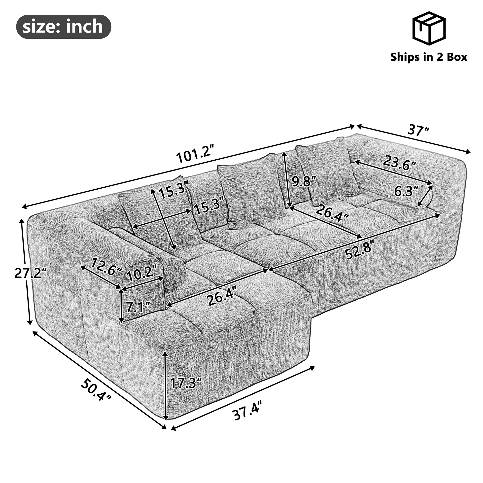 Modern Grey Modular Sectional Sofa with Deep Seating and Side Pockets in Chenille Fabric - Fluent Trends