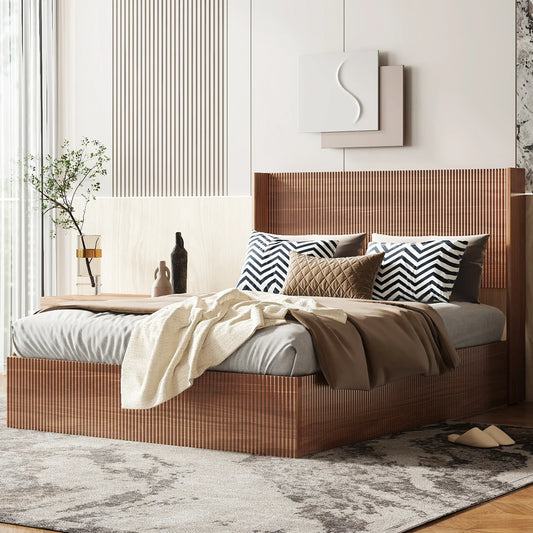 Large Grooved Undulating QueenSize Wooden Platform Bed Frame With Lift Storage - Fluent Trends