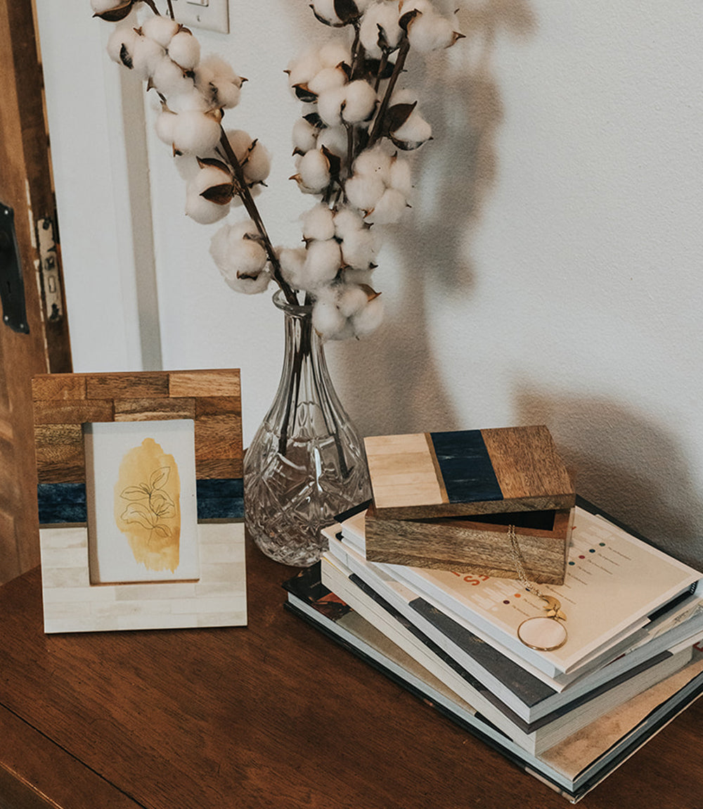 Kaveri 4x6 Natural, Blue, Brown Picture Frame - Carved Bone, Wood - Fluent Trends