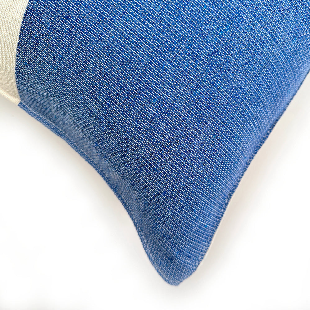 Woven Block Pillow Case - Natural with Blue Powered by People