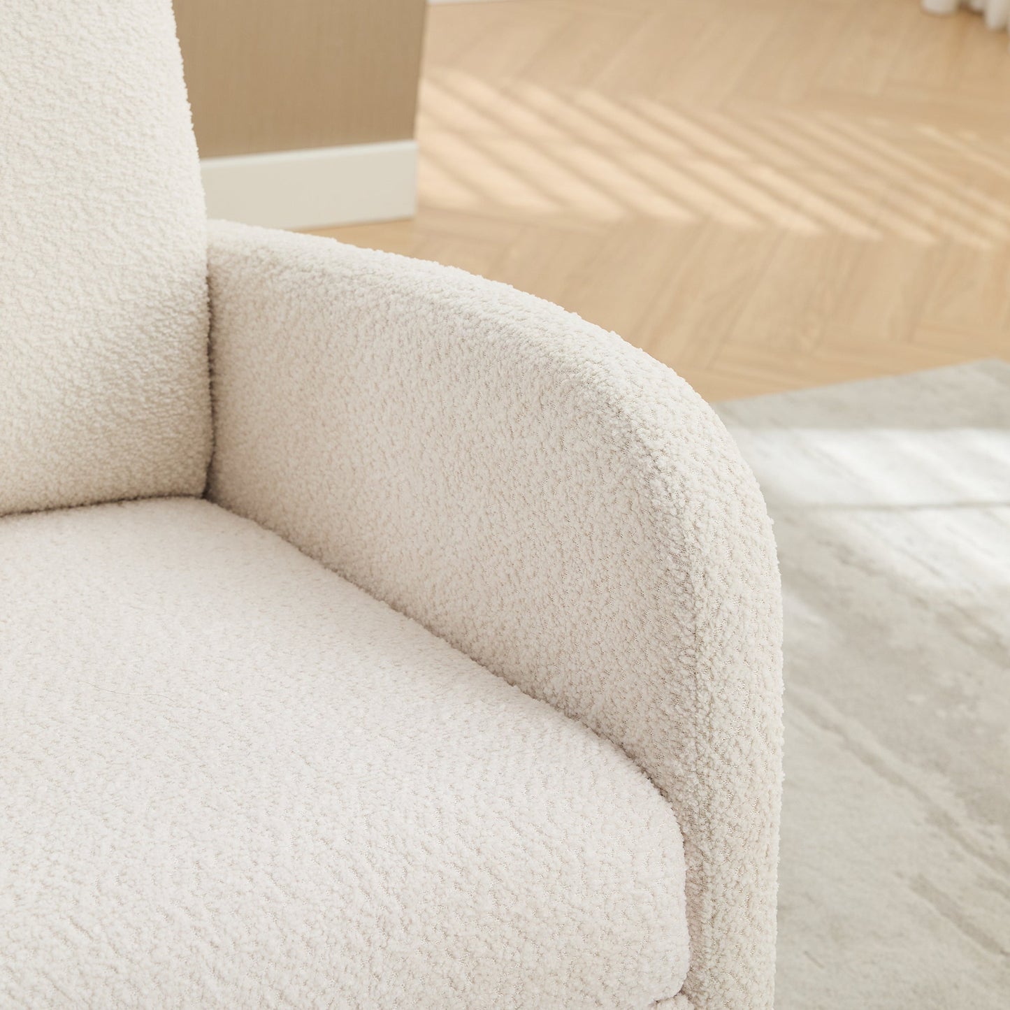 25.4'W Ivory Rocking Chair for Nursery, High Back Glider with Retractable Footrest, Boucle Upholstery, Rubber Wood Legs