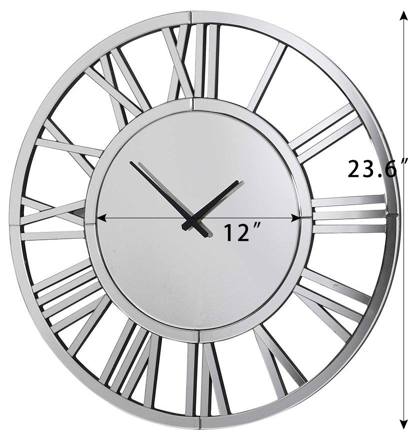24' Large Wall Clock Decorative, Mirrored Wall Clock for Living Room Decor, Big Silver Modern Wall Clocks Decor, Hour and Minute Hand, Battery Operated