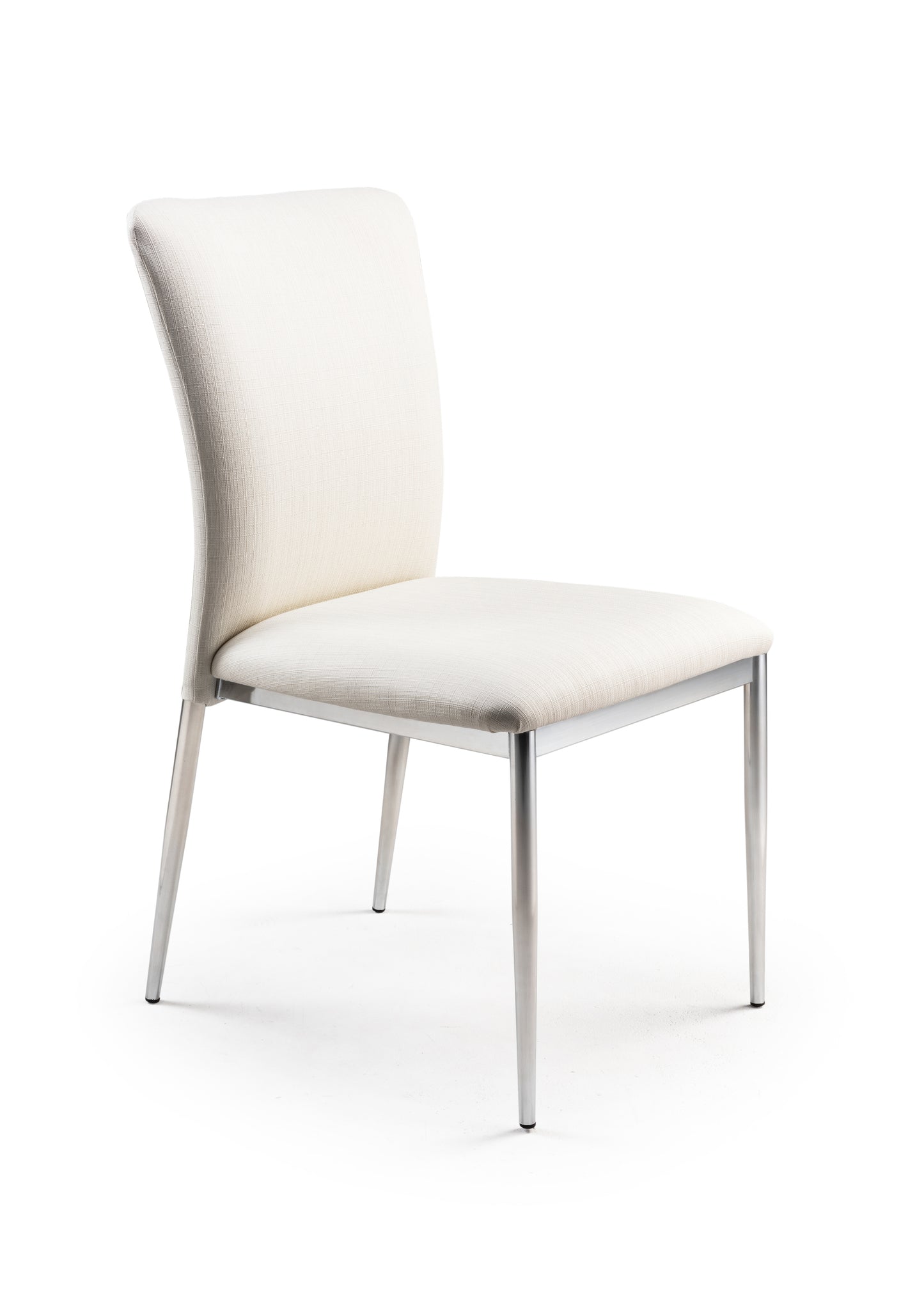 Modern white upholstered dining chair with sleek metal legs on white background