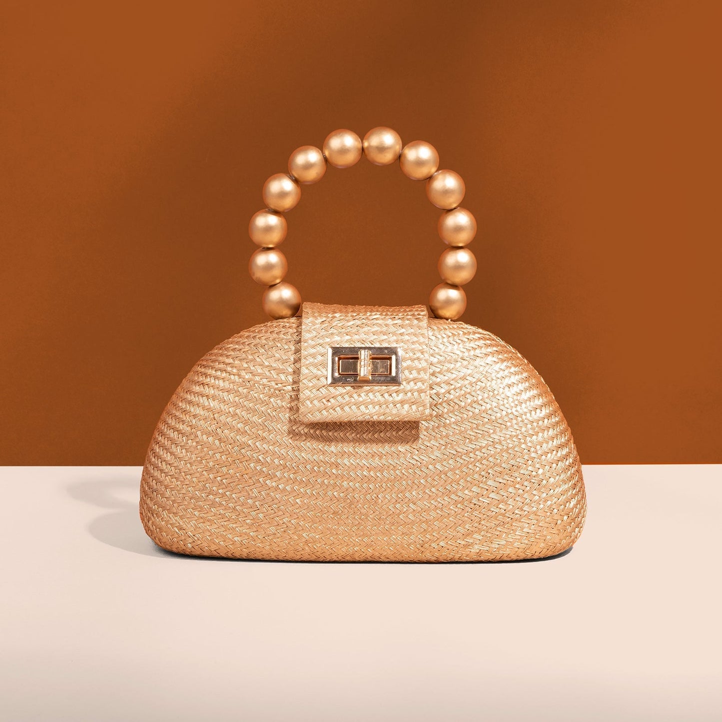 The Orla Gold Woven Straw & Wooden Bead Statement Clutch Bag - Fluent Trends