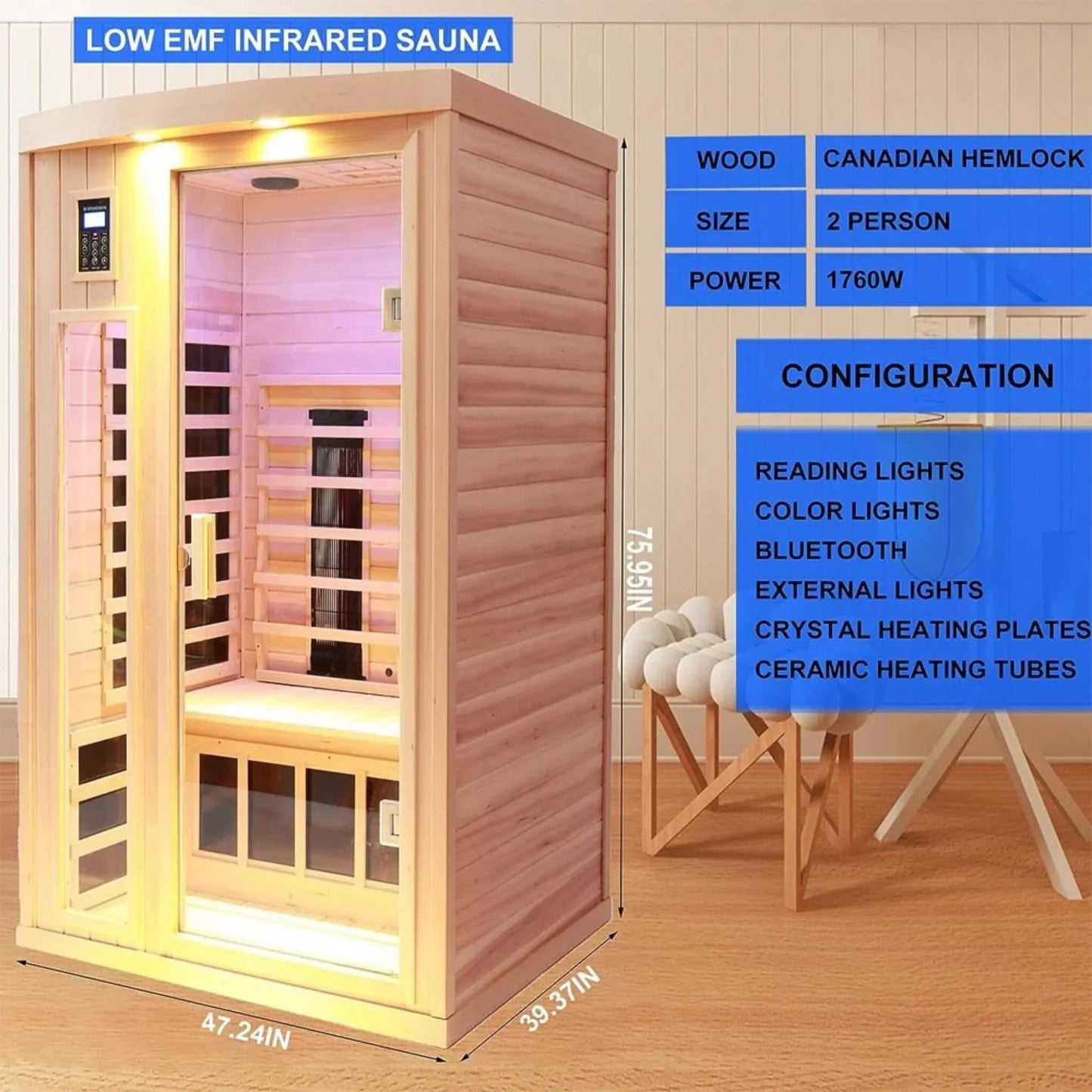 Premium 2-Person Low EMF FAR-Infrared Heat Wood Home Personal Spa Sauna With Ceramic Heaters - Fluent Trends