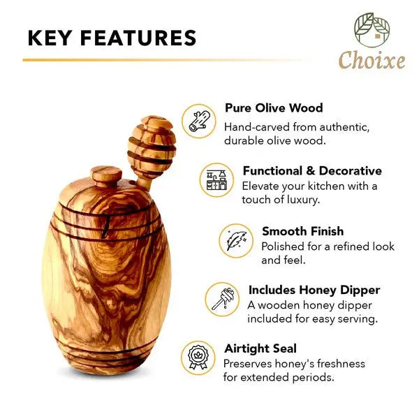 Olive Wood Honey Pot w/Honey Dipper - Fluent Trends