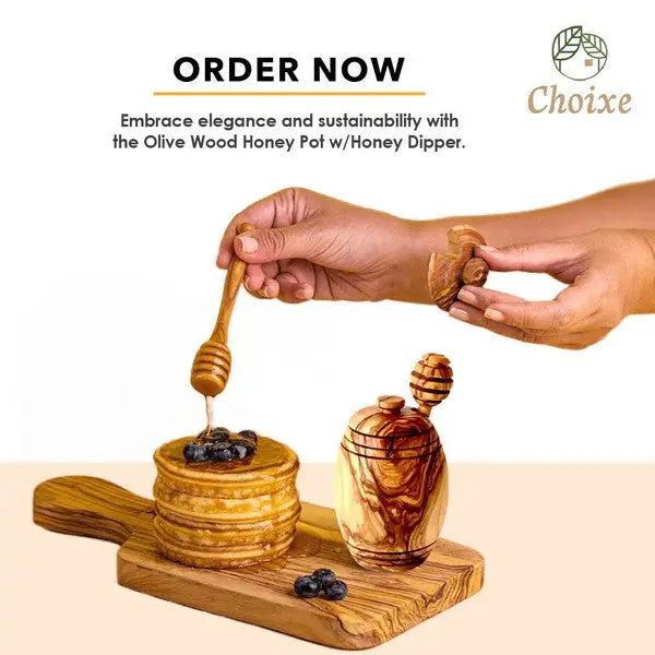 Olive Wood Honey Pot w/Honey Dipper - Fluent Trends