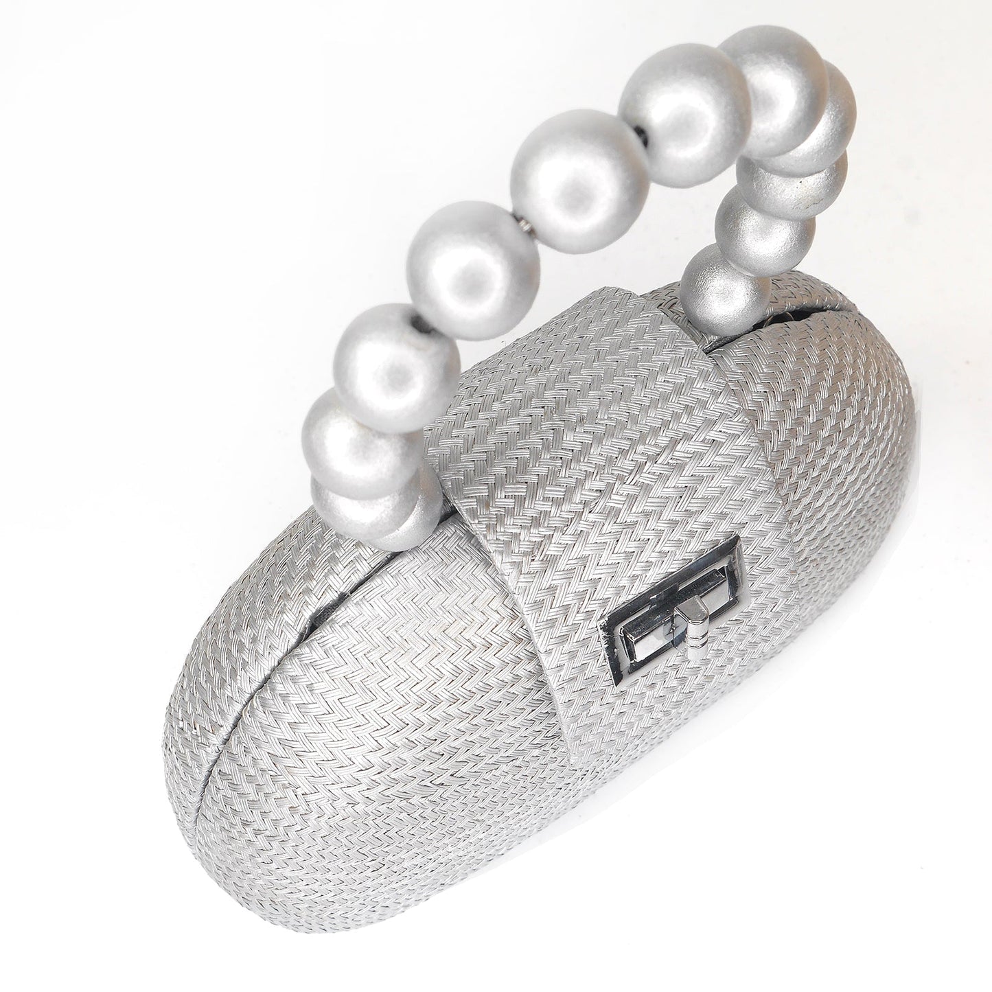 The Orla Silver Woven Straw & Wooden Bead Statement Clutch Bag - Fluent Trends