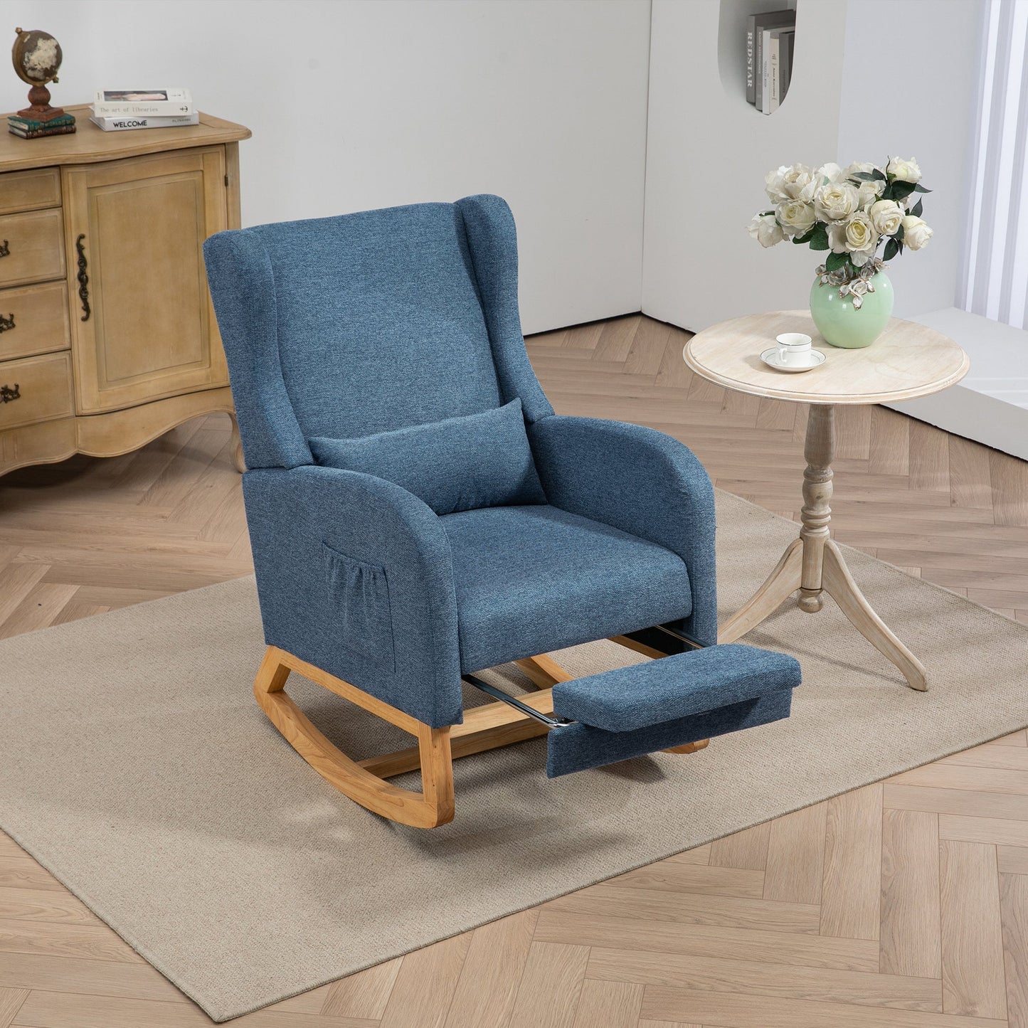 25.4'W Modern Rocking Chair for Nursery, Mid Century Accent Arm Rocker With Retractable Footrest, Side Pocket, Comfy Upholstered Wingback Wooden Glider Chair for Living Room Baby Kids Room. Blue