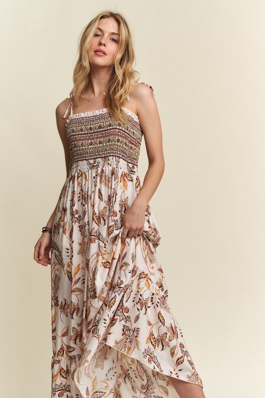 ADORA Smocked Printed Square Neck Tie Shoulder Cami Dress - Fluent Trends
