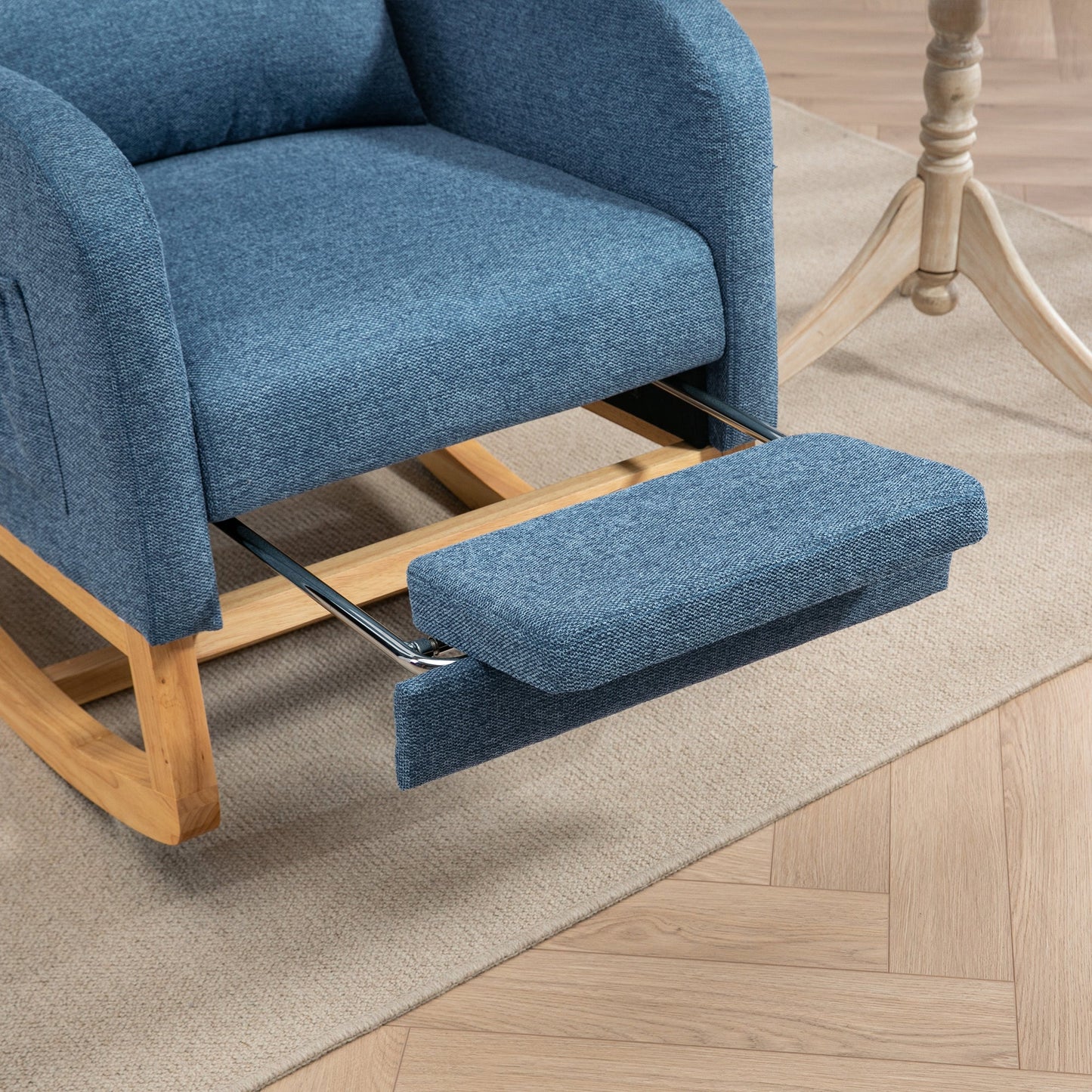 25.4'W Modern Rocking Chair for Nursery, Mid Century Accent Arm Rocker With Retractable Footrest, Side Pocket, Comfy Upholstered Wingback Wooden Glider Chair for Living Room Baby Kids Room. Blue