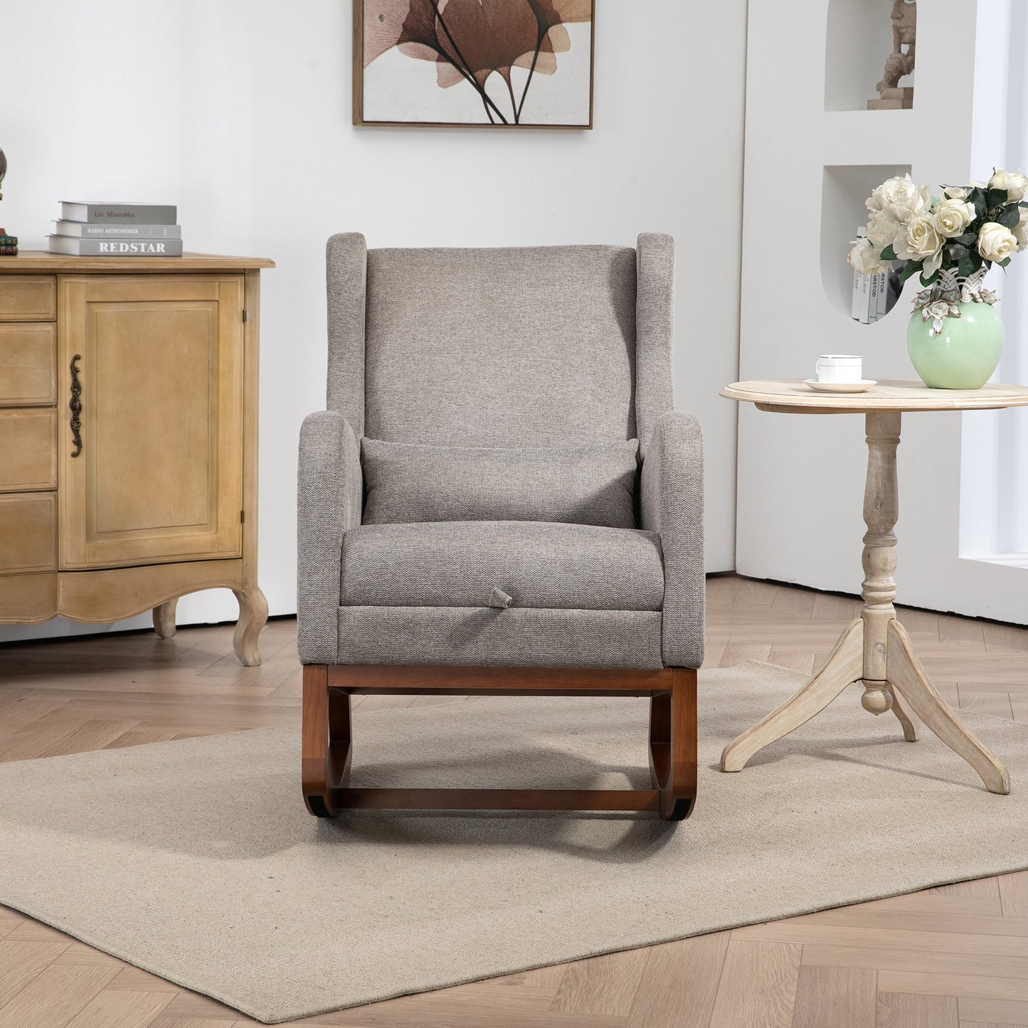 25.4'W Modern Rocking Chair for Nursery, Mid Century Accent Arm Rocker With Retractable Footrest, Side Pocket, Comfy Upholstered Wingback Wooden Glider Chair for Living Room Baby Kids Room. Taupe