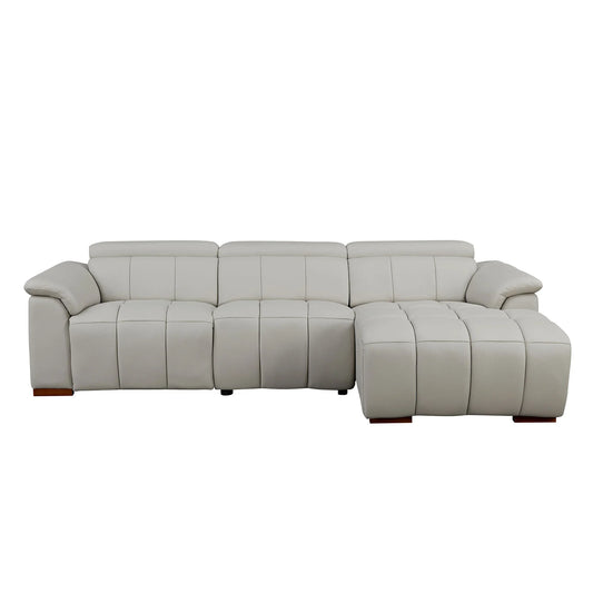 Front view of the Premium Leather Modern Reclining Sectional in light gray against a clean white background, highlighting the segmented lumbar support and wide armrests.