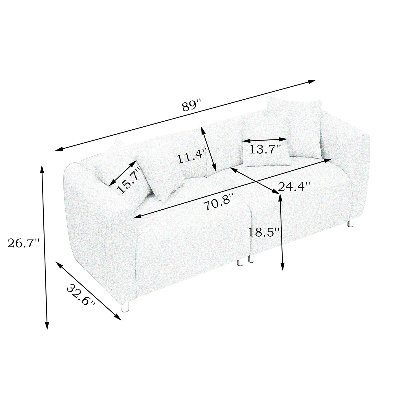 89" 3-Seater Sofa Couch - Off White Cotton Linen with Metal Legs & 4 Pillows - Fluent Trends