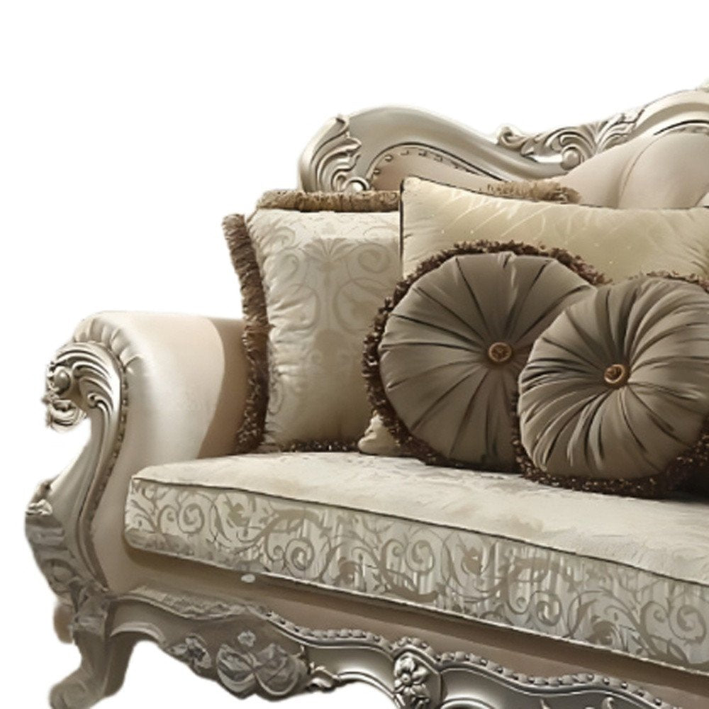88" Champagne Velvet Curved Floral Sofa And Toss Pillows - Fluent Trends Sofas