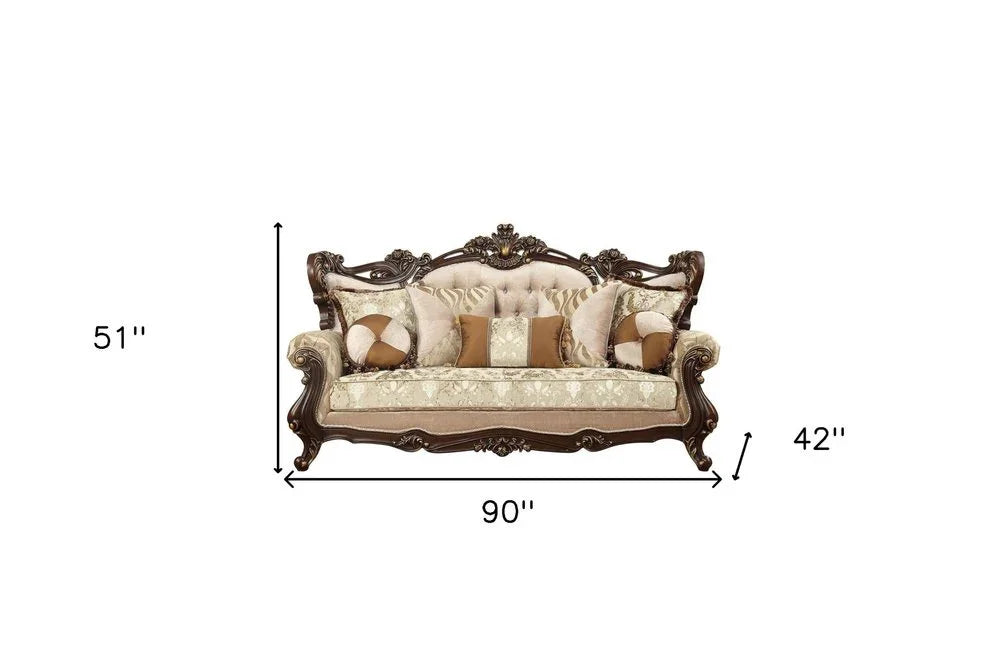 42" Beige Polyester Blend Curved Damask Sofa And Toss Pillows With Brown Legs - Fluent Trends Sofas