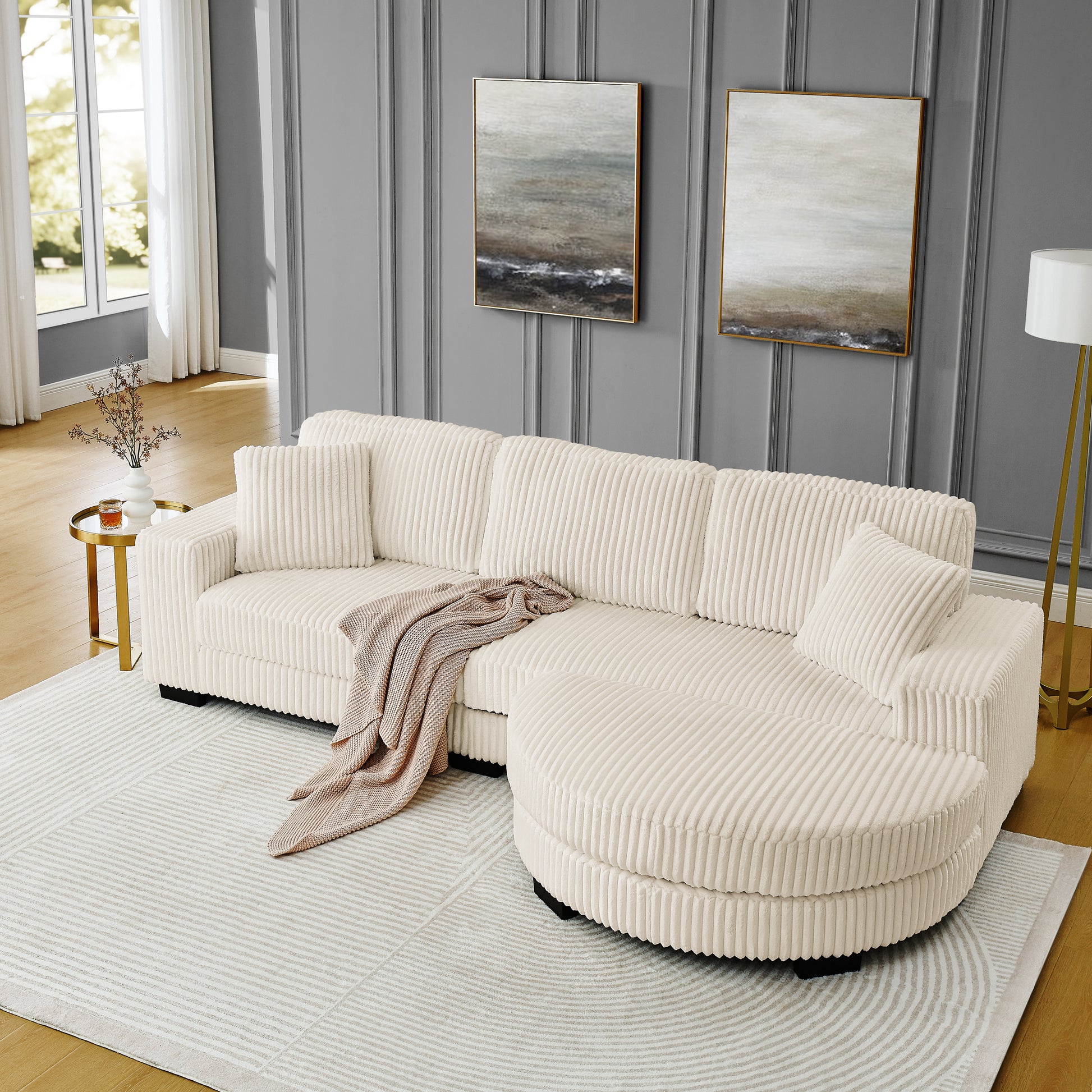 Modern Corduroy Tufted Sleeper Sectional Sofa - Modular L-Shape, Beige - Fluent Trends