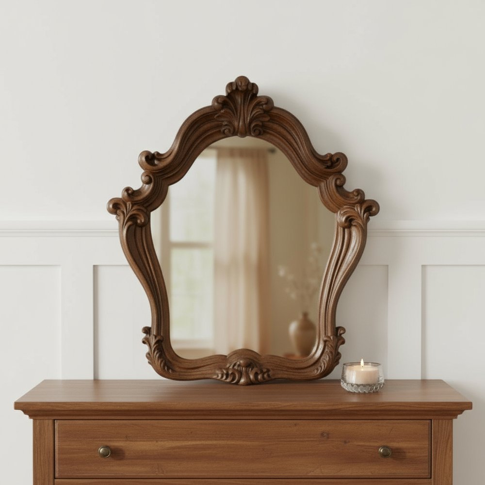 47" Cherry Oak Abstract Wood Framed Antiqued Glass Mounted Dresser Mirror - Fluent Trends Mirrors