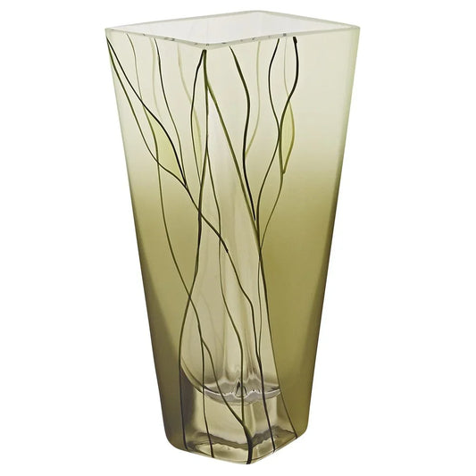 Tall square olive green glass vase with abstract wavy line design
