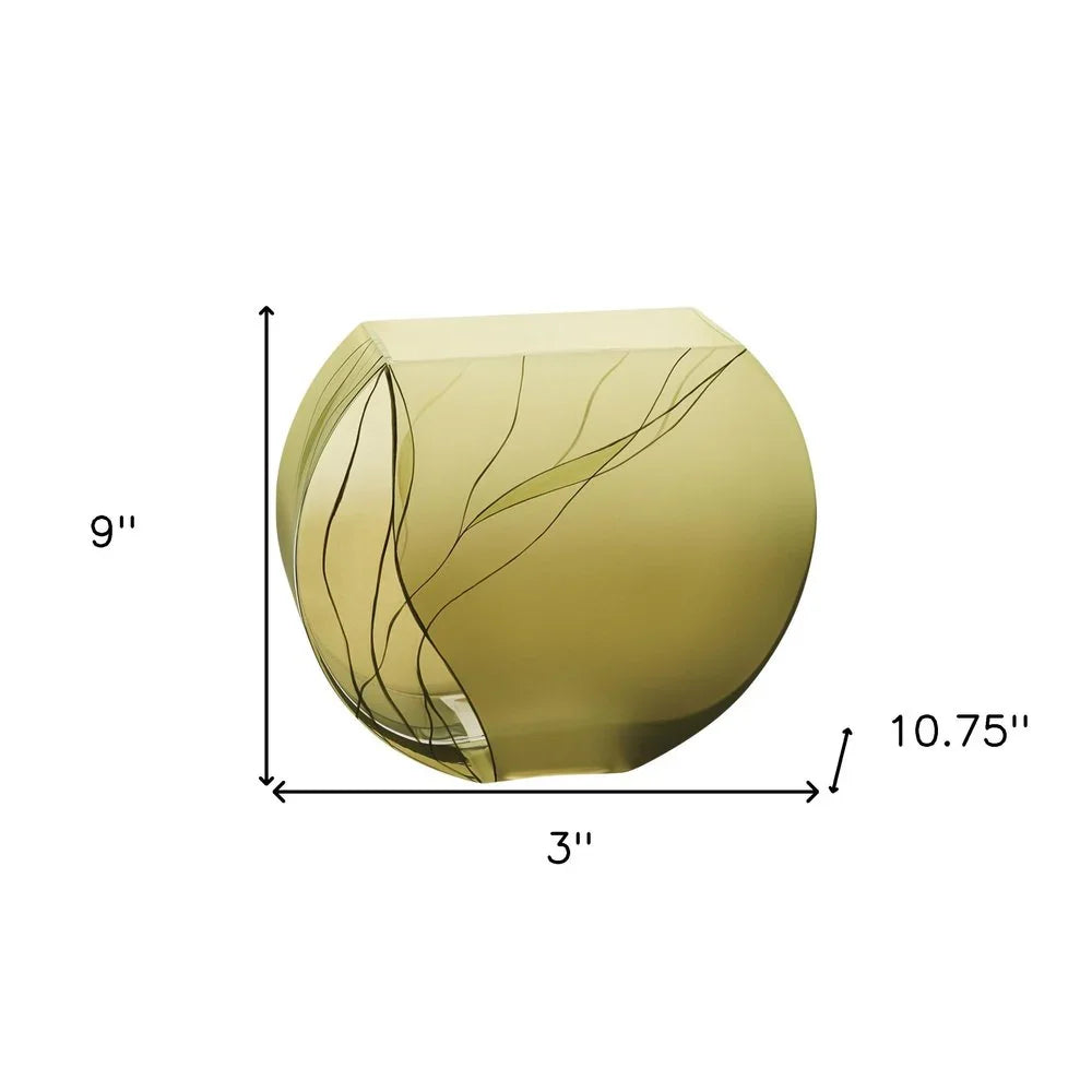 Round glass vase with abstract lines, measuring 9x10.75x3 inches, on white background