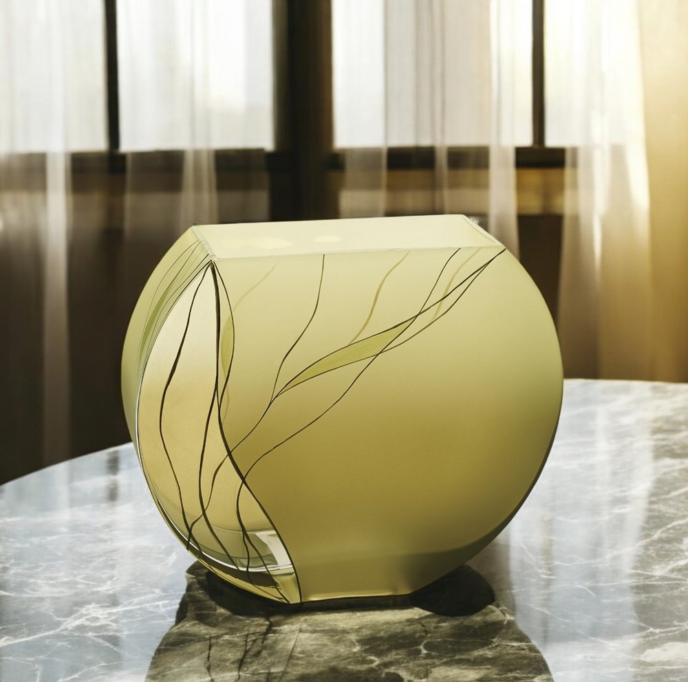 9" Green Round Crystal Glass Table Vase With Sculptural Details HomeRoots