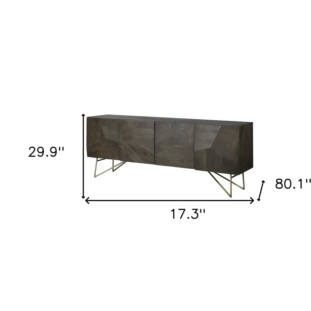 Technical dimension diagram of the 80-inch 4 door dark brown solid wood sideboard showing a height of 29.9 inches, width of 80.1 inches, and depth of 17.3 inches.