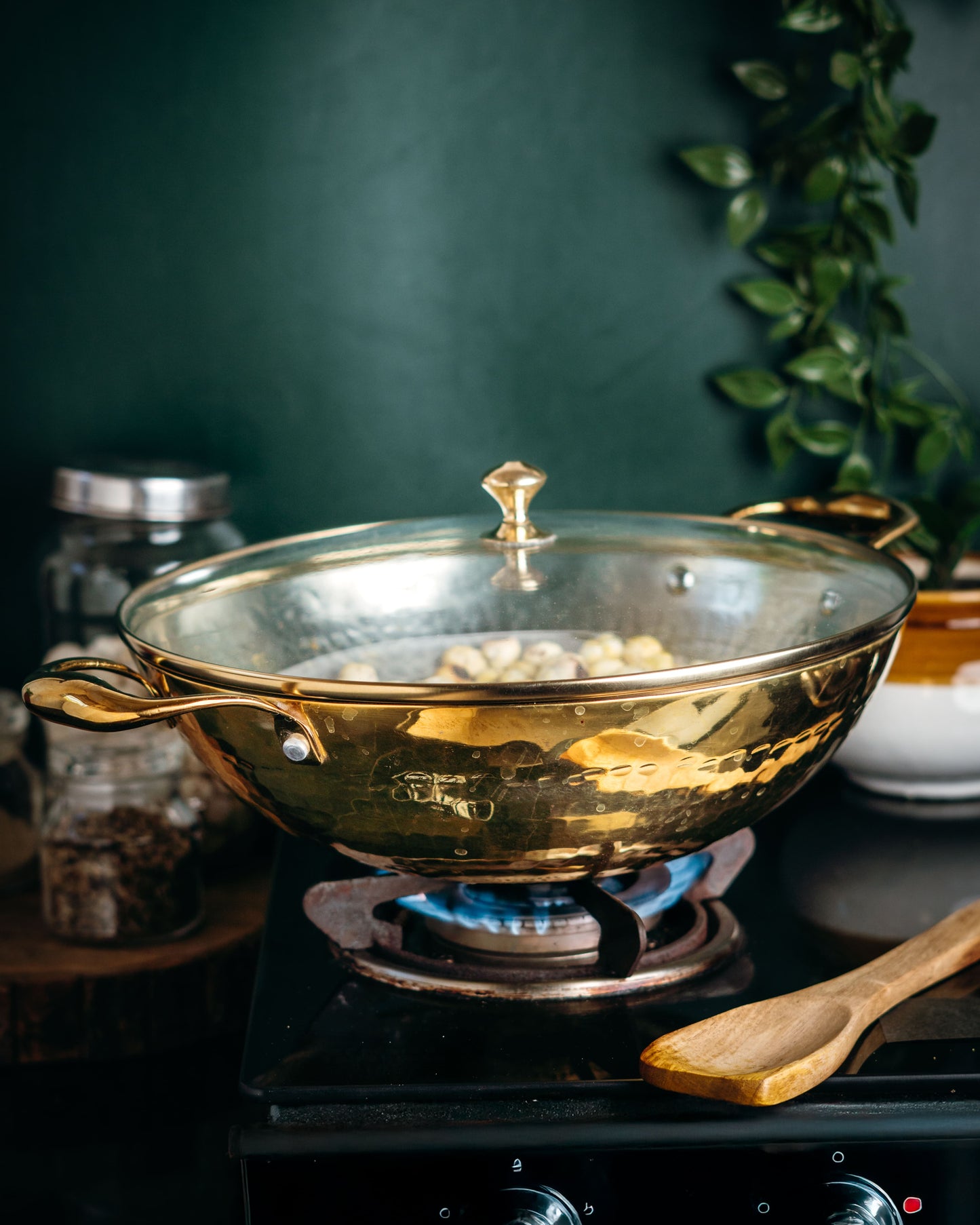 Brass Wok with Glass lid (Circular & Deep cooking/ serving Utensil) Powered by People
