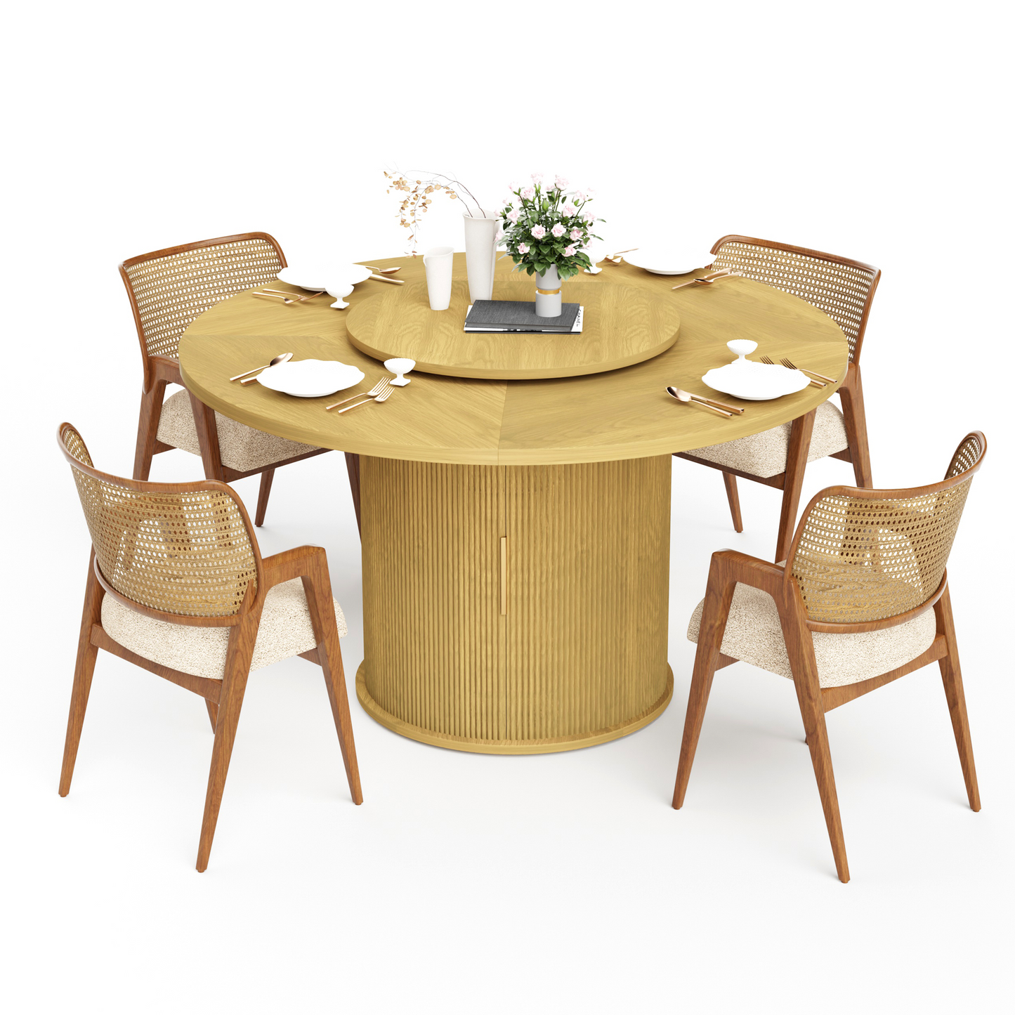 Fluent Trends 55" natural wood round dining table for 6 with rotating tray, storage, and chairs on white background