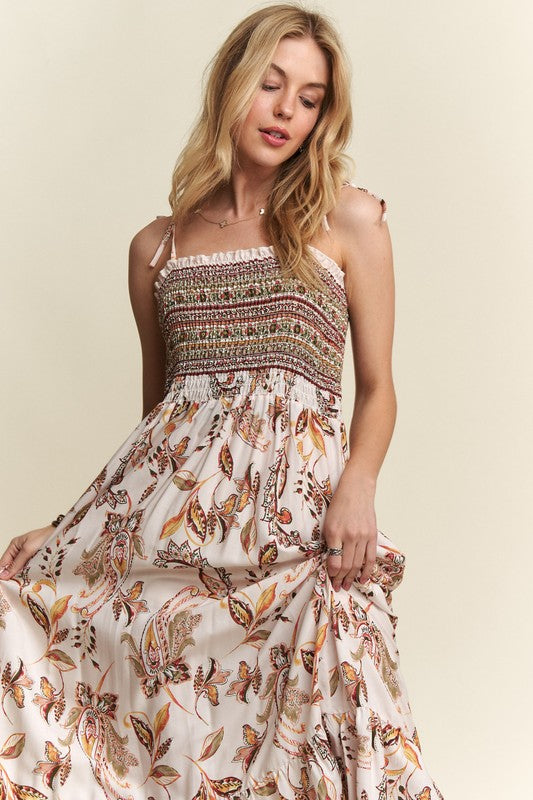 ADORA Smocked Printed Square Neck Tie Shoulder Cami Dress - Fluent Trends