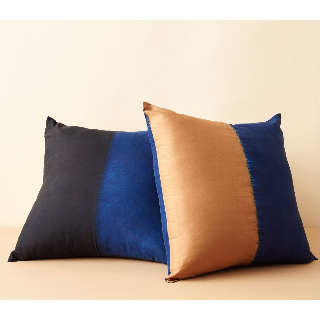 Aakar Indigo Gold Color Block Mulberry Silk Pillow - Fluent Trends