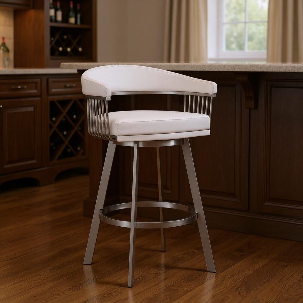 Lyra 29" White Faux Leather & Brushed Silver Swivel Bar Stool