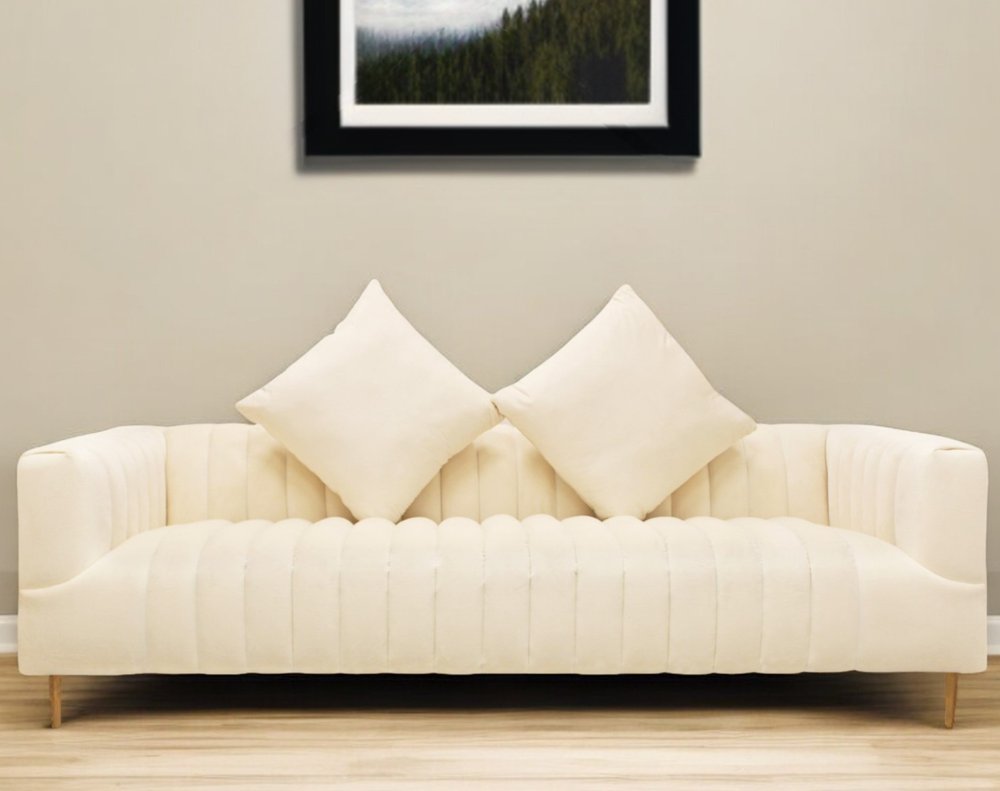 90" Ivory Velvet Sofa And Toss Pillows With Gold Legs HomeRoots