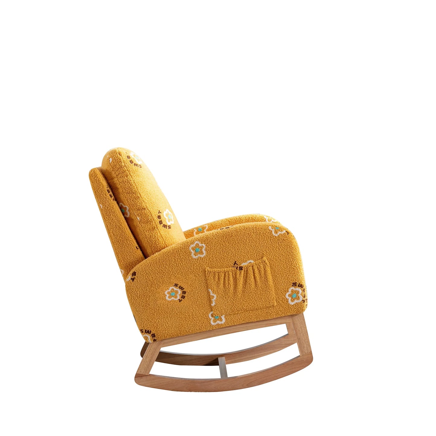 Modern Nursery Rocking Chair Mid Century Accent with Side Pocket Mustard Boucle Upholstered High Back - Fluent Trends