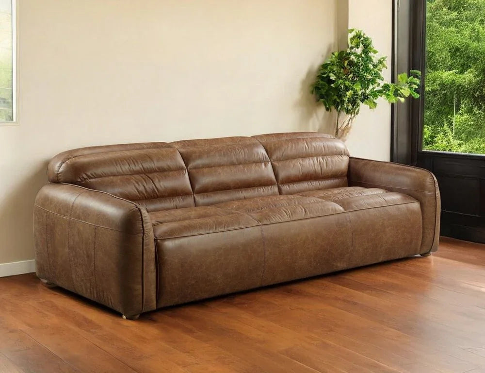 95" Dark Brown Top Grain Leather Sofa With Black Legs - Fluent Trends Sofas