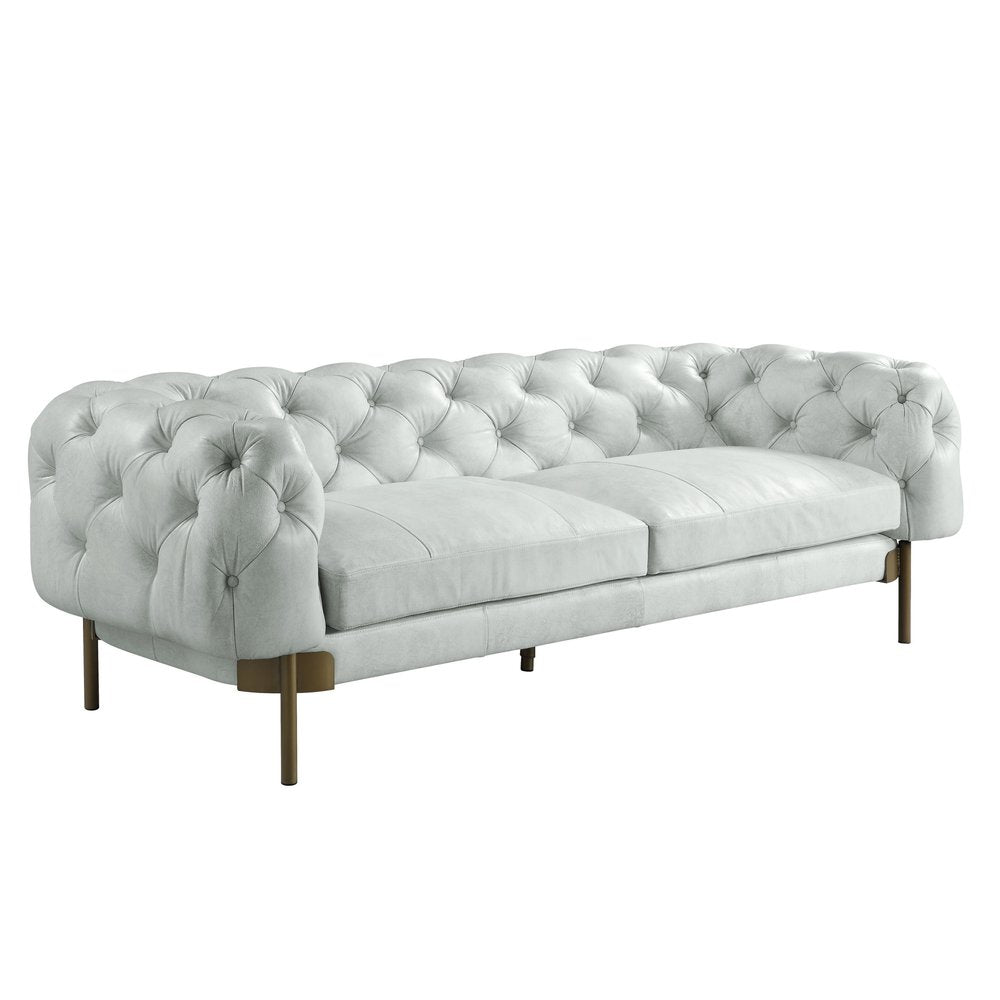 96" Light Slate Gray Top Grain Leather Sofa With Gold Legs - Fluent Trends