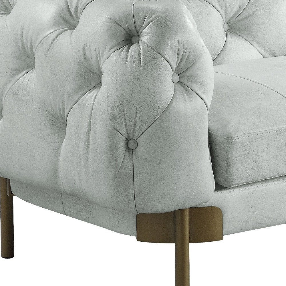 96" Light Slate Gray Top Grain Leather Sofa With Gold Legs - Fluent Trends