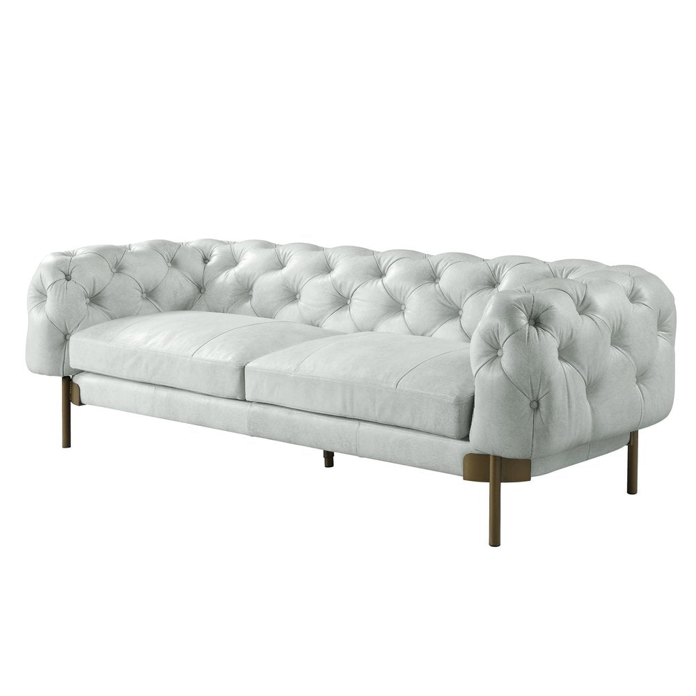 96" Light Slate Gray Top Grain Leather Sofa With Gold Legs - Fluent Trends