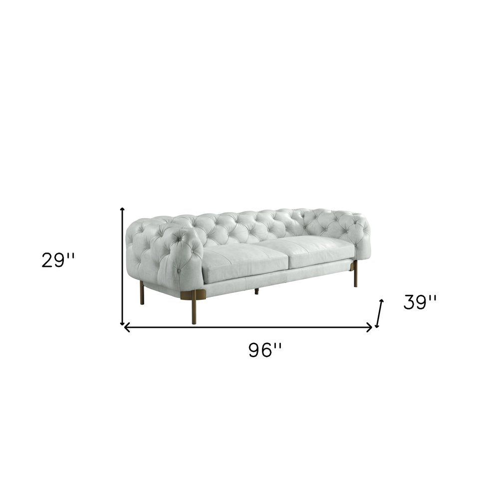 96" Light Slate Gray Top Grain Leather Sofa With Gold Legs - Fluent Trends
