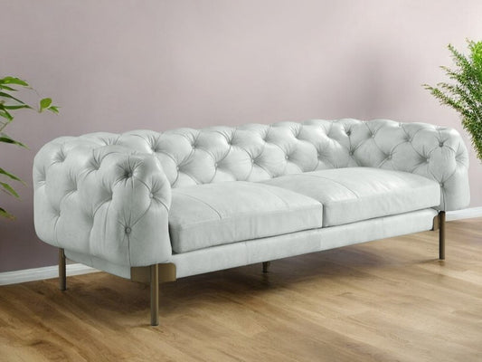 96" Light Slate Gray Top Grain Leather Sofa With Gold Legs - Fluent Trends