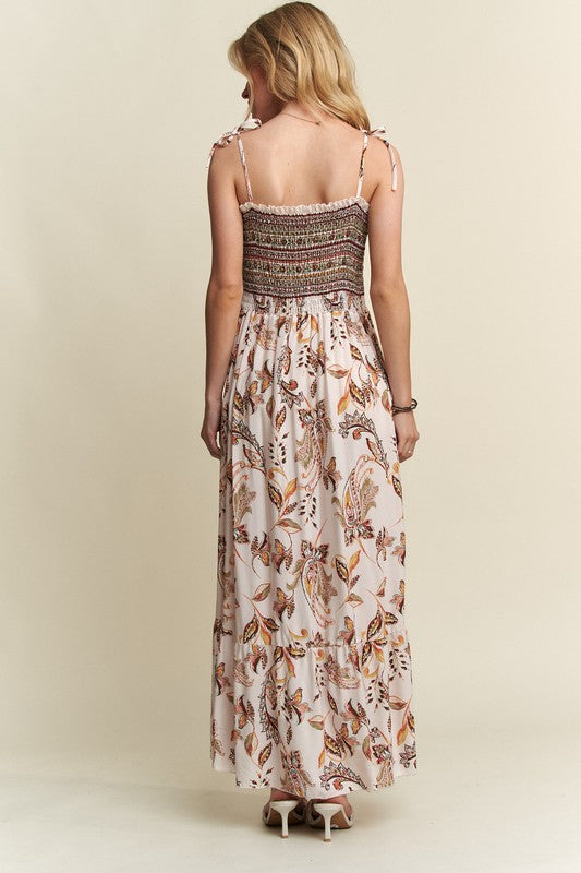 ADORA Smocked Printed Square Neck Tie Shoulder Cami Dress - Fluent Trends
