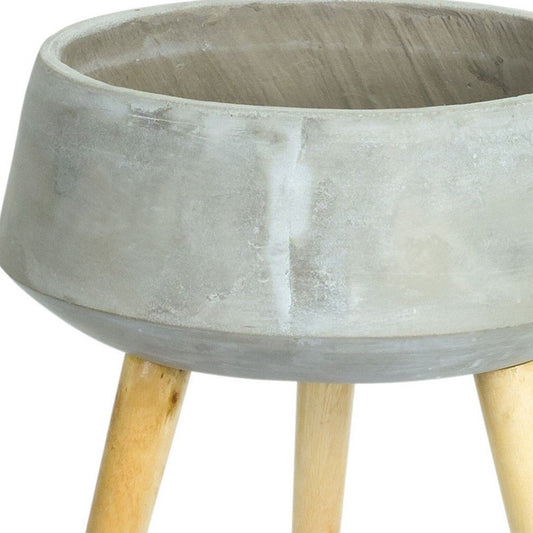 Gray Cement And Wood 81 Ounce Round Distressed Pot Planter With Stand