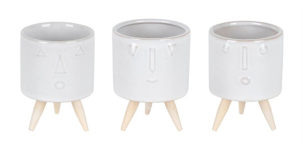 Set of Three White Porcelain 1 Ounce Round Funny Face Pot Planters With Stands HomeRoots