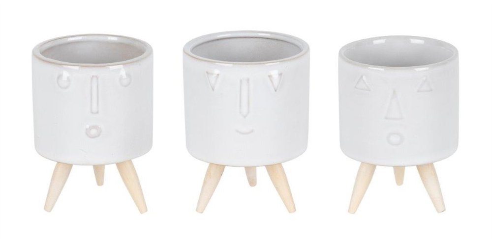 Set of Three White Porcelain 1 Ounce Round Funny Face Pot Planters With Stands HomeRoots