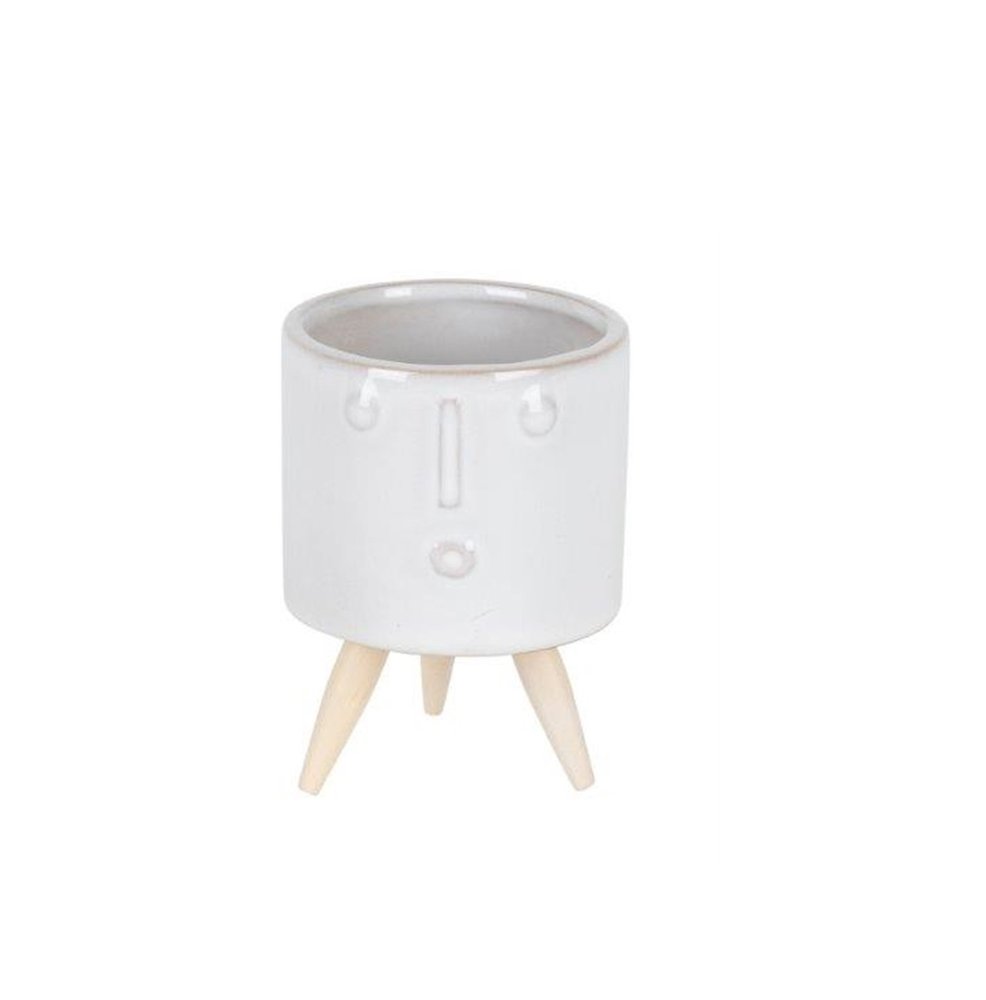 Set of Three White Porcelain 1 Ounce Round Funny Face Pot Planters With Stands - Fluent Trends