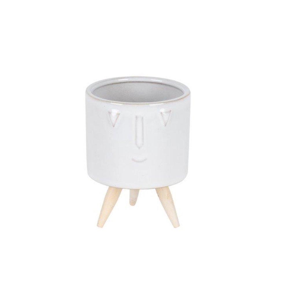 Set of Three White Porcelain 1 Ounce Round Funny Face Pot Planters With Stands - Fluent Trends